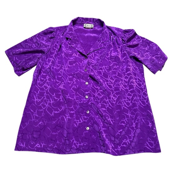💜 Vintage Frayne ✨ Purple Satin Short Sleeve Button Down Blouse L 💜 - Picture 1 of 6
